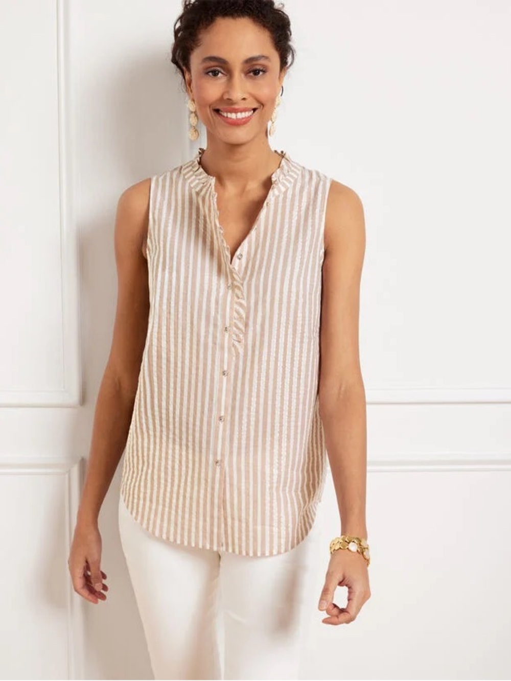 Talbots SEERSUCKER RUFFLE SHELL OCEANIC STRIPE beige Tensel Resort XL